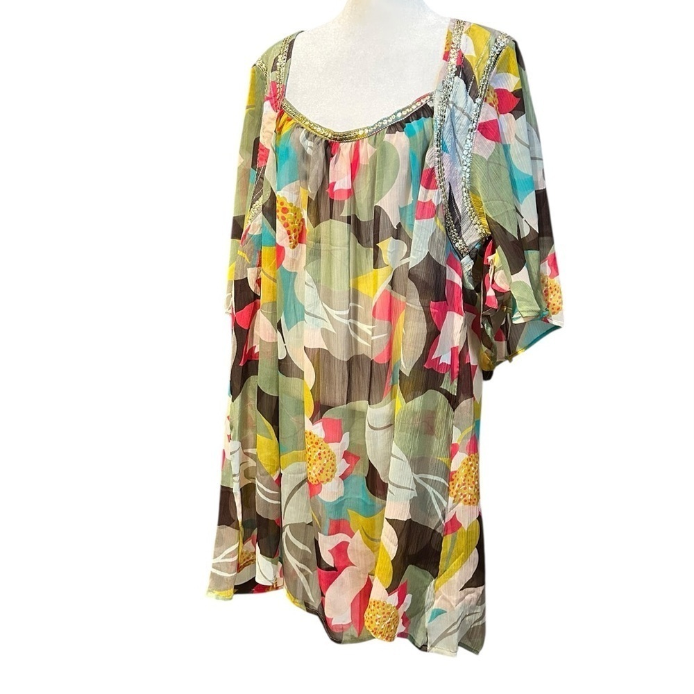 CZ Swim Cover Up Flutter Sleeves Sequins Sheer Abstract New with Tags Plus Sz 3X